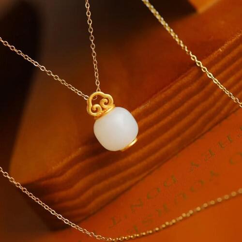 Natural Hetian Jade White Jade Lulutong Pendant S925 Sterling Silver Ancient Gold Inlaid Ornament for Women