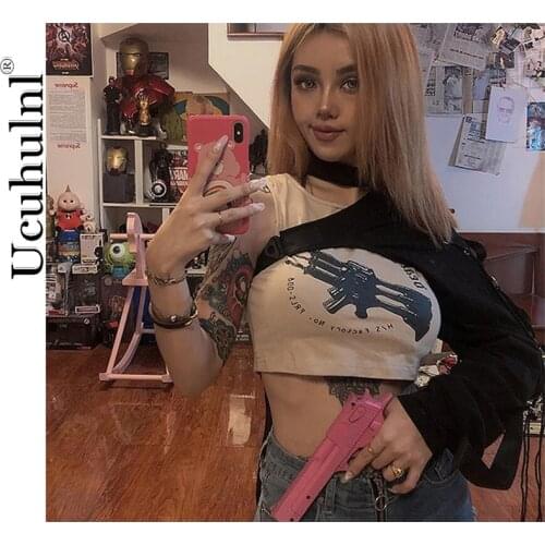 Ucuhulnl Buckle Halter Punk Gothic One Shoulder Women Crop Top T Shirt 2020 Autumn Winter Women Streetwear Coat Sexy Clothes