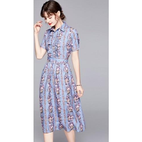 Women Summer Designer Elegant Floral Print Shirt Dress Slim Casual Party Robe Femme Wood-ear-edged Blue Vintage Dresses Vestidos