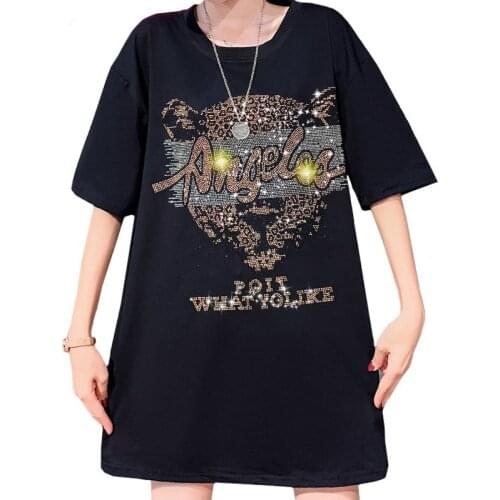 Summer Trendy Streetwear Black Women T Shirt Hot Rhinestone Harajuku Letter Leopard Head Tees Long Short Sleeve Tops Female