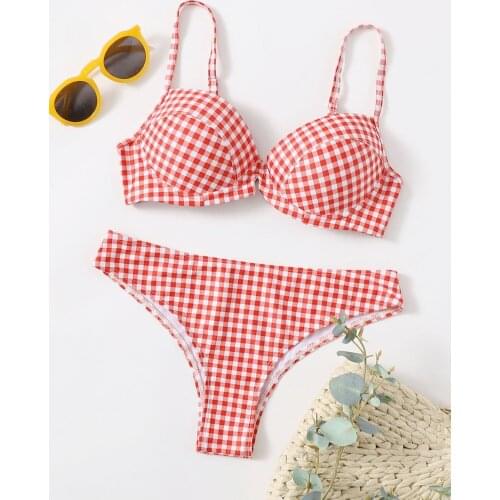 Sexy Bandeau Push Up Bikini Set Underwired Bikinis Women Swimwear Plaids Checked Bathing Suit Female Biquini Beach Wear Swimsuit