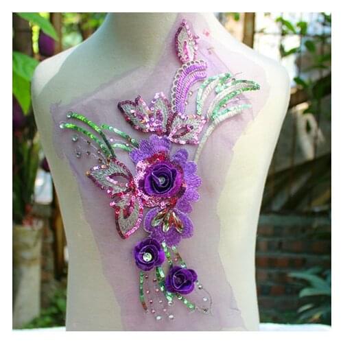 Size-29*20cm(2pcs/lot) Free Shipping Sew-on Purple 3D Sequined Lace Applique with Acrylic Stones for Garment Decoration