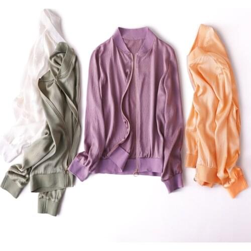 Womens 93% Silk 7% Spandex Pearl Satin loose type Top Zipper Jacket long sleeves fashion more colors M L XL L1018