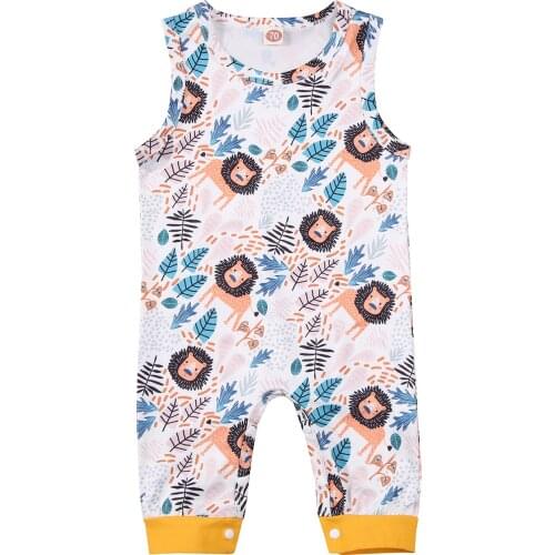 Newborn Summer Casual Jumpsuit Baby Boys Girls Clothes Sleeveless Lion/Dinosaur Print Round Neck Romper