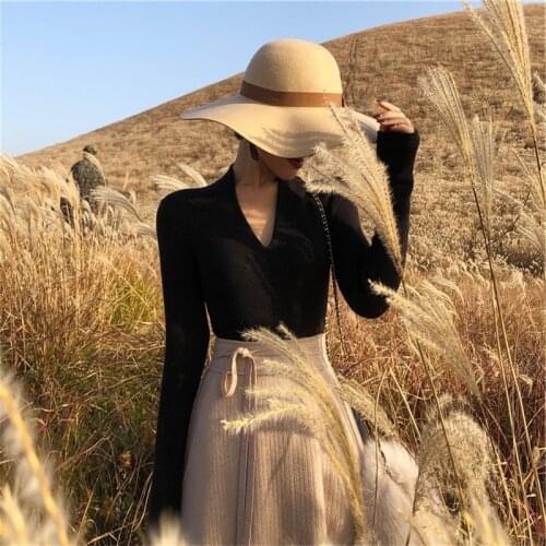 LMQ NEW Basic V-Neck Solid Slim Long Sleeve Bottoming Knitted Pullover Fashion Sexy Pullover Elastic Cotton Tops