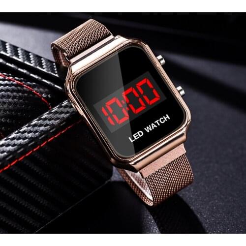 2020 Men Casual Sports Watches Fashion Rectangle Dial LED Digital Electronic Watches Men Rose Gold Mesh Band Magnetic Watches