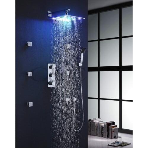 With Thermostatic Mixer Valve 12 Inch LED 7 Colors Rainfall Shower Head Massage Spray Jets Thermostatic Shower Set 007-12-2C