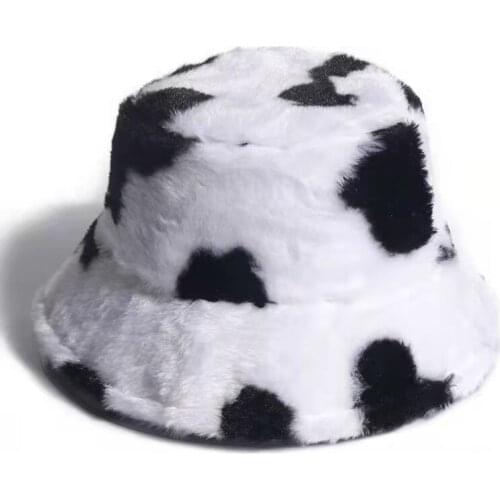 2021 New Winter Cow Print Plush Bucket Hats for Women Tourism Outdoor Warm Hat Soft Velvet Fisherman Cap Lady Fashion Panama Cap