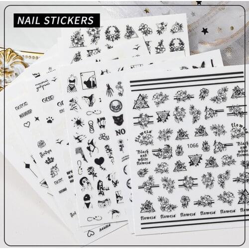 New Nail Art Sticker Manicure Accessories Black Flower Gothic Style Nail Parts Cool English Letter Stickers Love Heart Design