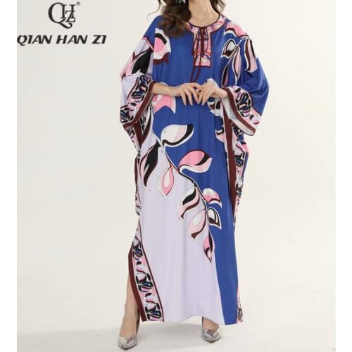 Qian Han Zi plus size Spring,summer,designer fashion long dress Women Batwing Sleeve Retro Leaf Print Retro Loose maxi dress