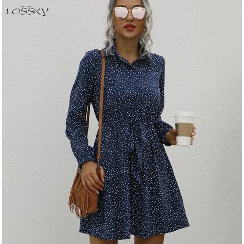 Button Up Shirt Dress Autumn Spring Casual Dot Print A-Line Dresses Elegant Floral Slim Sashes Fall 2020 Womens Clothing Fashion