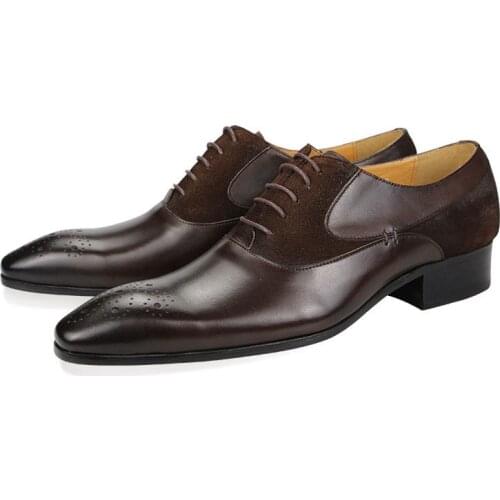 Luxury Mens Dress Custom Shoes Brogue Shoes Men Genuine Leather Wedding Pointed Toe Oxfords Patchwork Lace-up Shoes