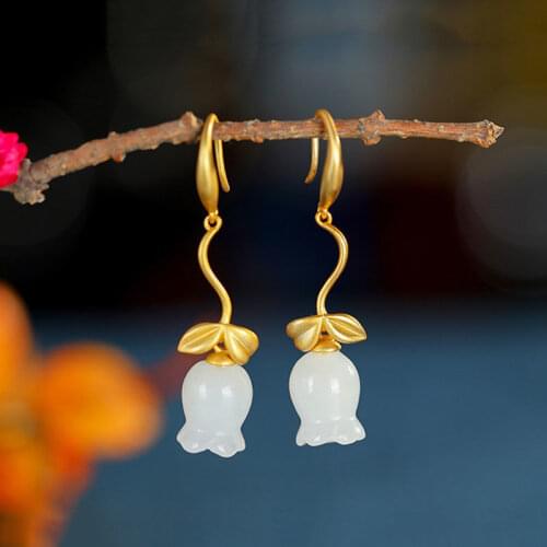 S925 Sterling Silver Flowers Earrings Natural Hetian Jade Earrings Elegant Personalized Creative Flower Simple Elegant Earrings