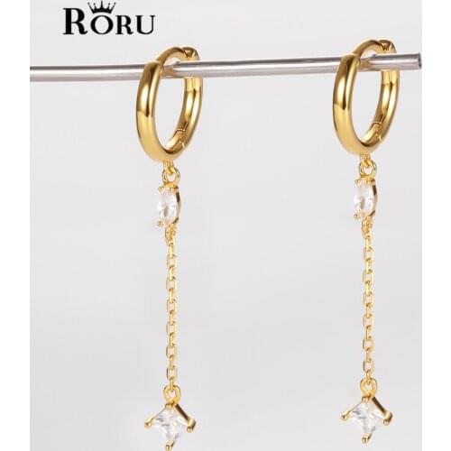 S925 Sterling Silver Girls' Hoop Earrings with Long Chain Tassel Zircon Stud Small Huggies Womens Fashion Earring Piercing