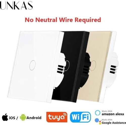 UNKAS No Neutral Wire Wifi Wall Touch EU Switch Required Smart Light 1 / 2 / 3 Gang 220V Tuya Support Alexa Google Home Outlet
