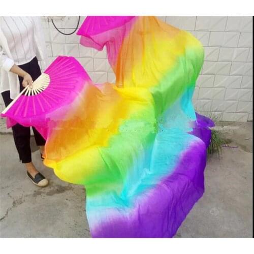 Hand Made Colorful Silk Bamboo Flame Belly Dance Dancing Long Folding Fans Veils Rainbow Color 120cm 150cm 180cm Free Shipping