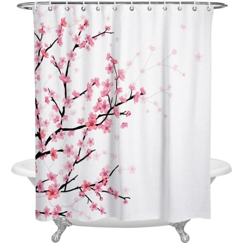 Spring Cherry Blossom Bathroom Shower Curtain Polyester Fabric Waterproof Shower Curtains with Hooks