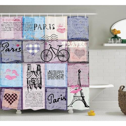 Apartment Shower Curtain Grunge Textured Retro Collage of Paris with Famous Object Eiffel Tower Home Decor Bathroom Curtains