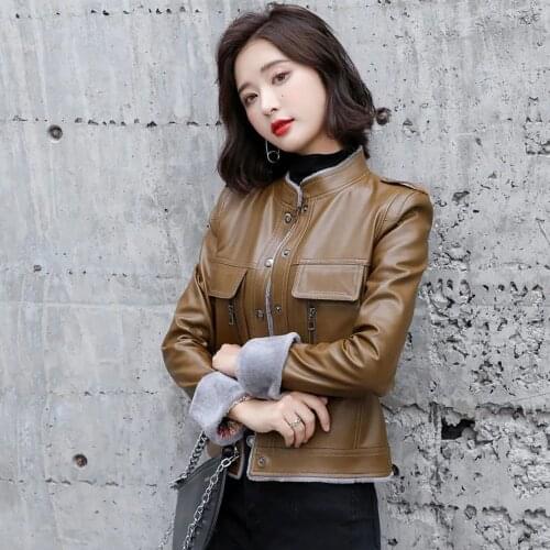 Womens Soft High-quality Leather Jacket Korean Casual Fashion Plus Velvet Imitate Sheepskin Slim Jacket Outwear Plus Size 5XL