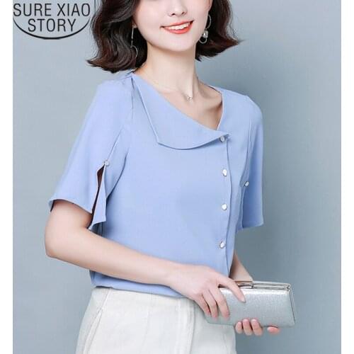 Woman Shirts Short Sleeve Office Lady Summer 2021 New Fashion Chiffon Blouse Asymmetric Design Split Shirts Solid Tops 9976