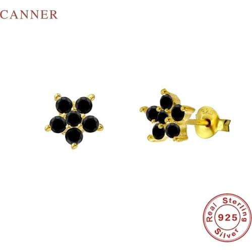 CANNER Fashion Black Diamond Lotus Petals Stud Earrings 925 Sterling Silver Earrings For Women Silver Jewelry Earring Pendientes