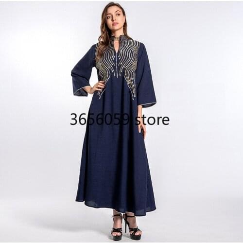 Women Sequins Abaya Imitation Linen Embroidery Front Muslim Elegant Loose Long Dress Arabic Dubai Ethnic Jelleba Party Evening