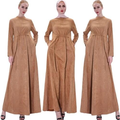 Abaya Elegant Suede Women Long Dress Solid Color Party Evening A-line Muslim Islamic Robe Full Length Autumn Winter Warm Fashion