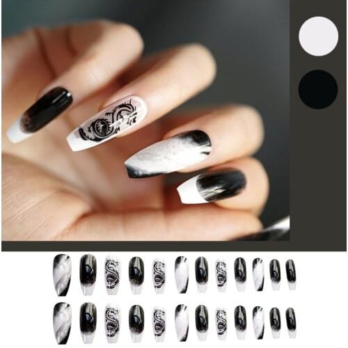24pcs Black Blooming Dragons Wear Long Paragraph Fashion Manicure Patch False Nails Save Time Wearable Nail Patch MH88