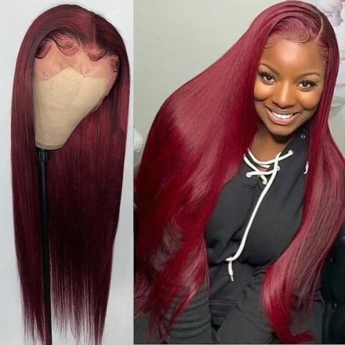 30 32 Inch Bone Straight Lace Front Human Wig Highlight Burgundy 99J Red Brazilian Human Hair Lace Frontal Wigs For Black Women