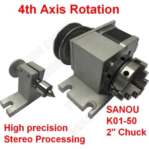 4 Axis CNC Dividing Head A Axis Rotation K01-50 2 Inch Chuck 4th Rotary & MT2 Tailstock for Router Woodworking Engraving