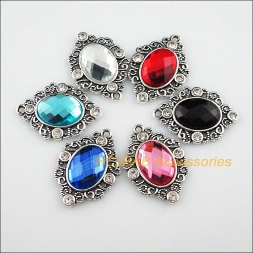 6 New Oval Charms Tibetan Silver Color Crystal Mixed Pendants 25x35mm