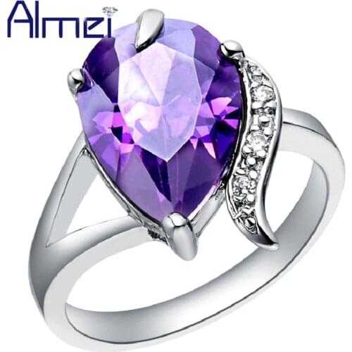 Almei My Aliexpress Pear Ring With Rainbow Purple Water Drop Stones Silver Color Rings for Women Ladies Jewelry Gift Anel J092