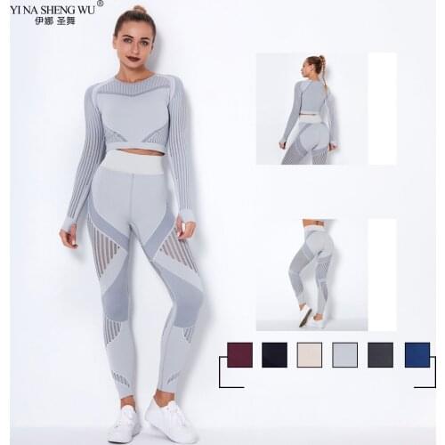 Hollow Out Seamless Yoga Set Sport Outfits Women Two 2 Piece Crop Long Sleeves Top Leggings Workout Gym Suit Fitness Sport Sets