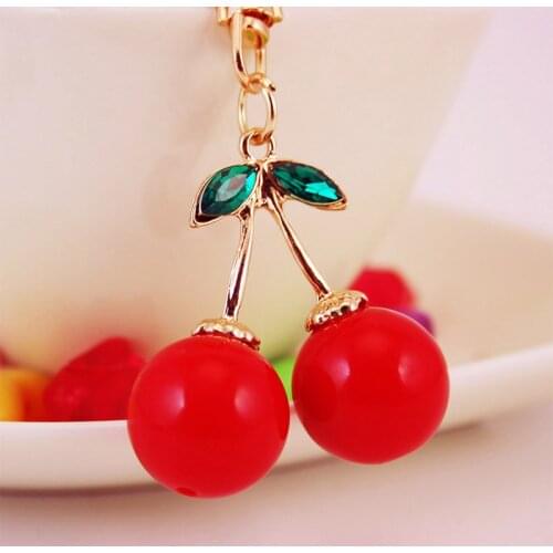 Crystal cute red cherry key chain car key ring ladies bag accessories fruit metal pendant craft gift handbag pendant