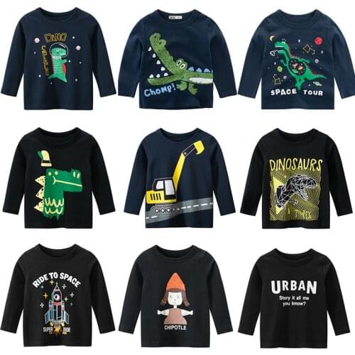 Kids Boys T-shirts Baby Girls Long Sleeve Tops Tee Children Autumn Cotton Print Cartoon Dinosaur Car T Shirts Clothing Clothes