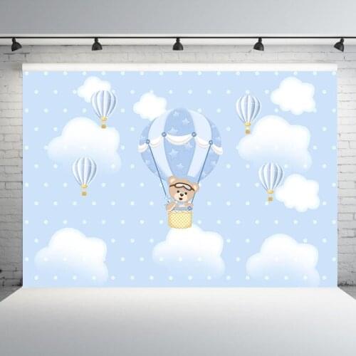Away Photo Background Newborn Baby Boy Birthday Backdrop Baby Shower Hot Air Balloon Bear Clouds Background