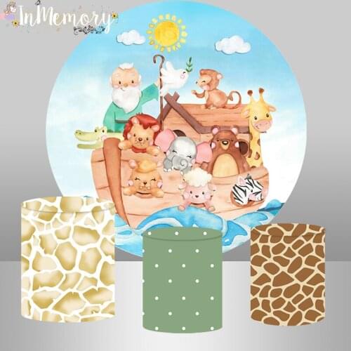 Blue Sky White Clouds Animals Lion Elephant Baby Shower Round Backdrop Banner Newborn Birthday Party Decor Safari Cylinder Cover