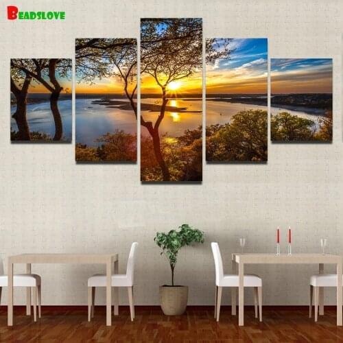 Sunrise river trees Diamond Painting Diy Full Square Round Drill 5D Diamond Embroidery 5 piece Mosaic Needlework for wall decor