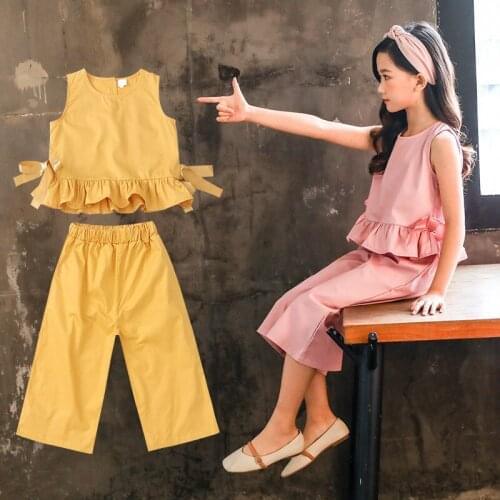 Summer Girls Clothes Sets Fashion Kids Bow Vest + Wide Leg Pants 2pcs Suit Girls Outfits Children Clothing 3 4 6 8 10 12 14 Year