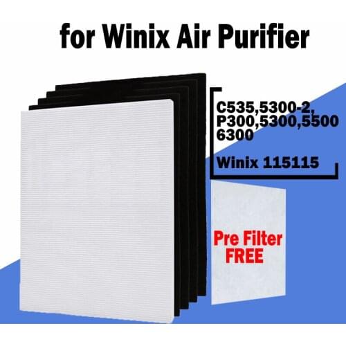 Fit Winix 115115 Air Filter Element Set 1 HEPA Air Filter Screen+ 4 Replacement Activated Carbon Filters For C535,5300-2,P300