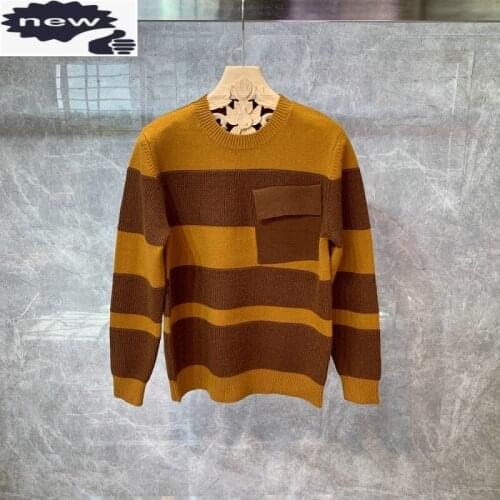Korean Style Fashion Striped Contrast Warm Knitting Tops Pockets Casual Clothing Autumn Winter Men New Pullover Sweaters