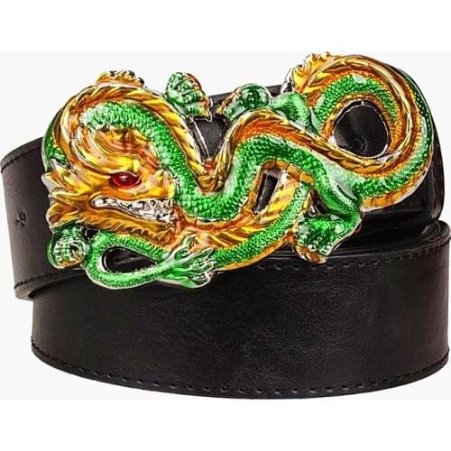 Fashion mens belt flying dragon colored pattern leather belt style metal buckle strap Chinese Dragon head lion strap men gift