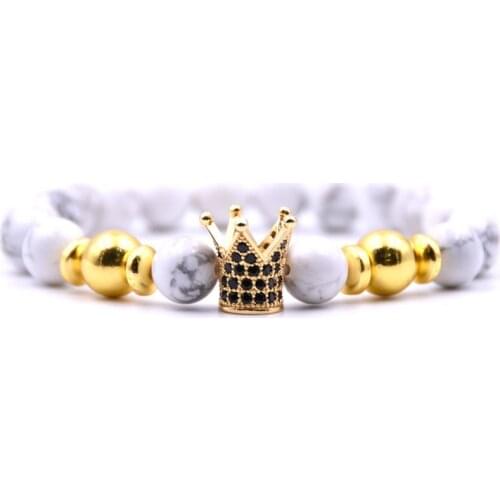 Trendy Micro Pavé Crown Charm Bracelet Lava Stone Copper Beads Men and Women Couples Stone Bead Bracelets Fashion Jewelry Gifts