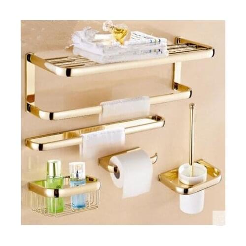 Brass Bathroom Accessories Set, Gold Square Paper Holder,Towel Bar,Soap basket,Towel Rack,Glass Shelf bathroom Hardware set