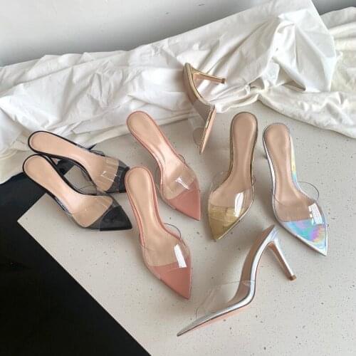 2021 New Pointed High Heel Womens Shoes Shallow Mouth Transparent Crystal Sandals and Slippers