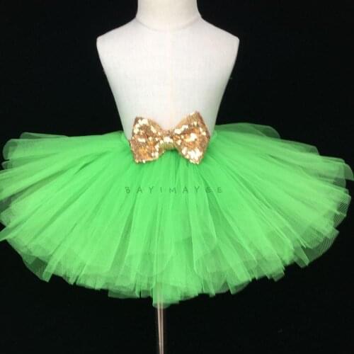 Baby Fluffy Green Tutu Skirt Girls Ballet Dance Pettiskirt Tutus with Gold Sequin Bow Kids Birthday Party Costume Glitter Skirts