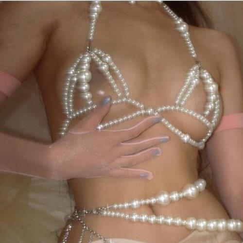 Sexy Body Jewelry Big Pearls Body Harness Chest Chain Bra Bralette Jewelry for Women Luxury Pearl Waist Chain Belt Bikini Set