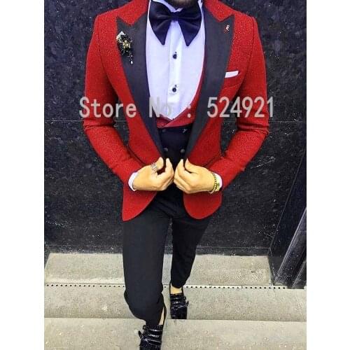 Custom Made Groomsmen Red and Black Groom Tuxedos Peak Lapel Men Suits Wedding Best Man ( Jacket+Pants+Vest+Tie ) D90