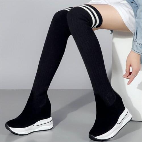 2021 Platform Pumps Women Genuine Leather Wedges High Heel Motorcycle Boots Female Stretchy Knitting Thigh High Fashion Sneakers