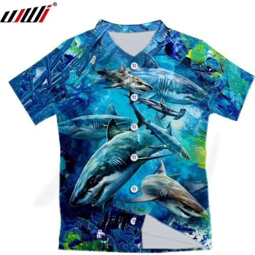 UJWI Harajuku 3D Ocean Print Button Shirt Hip Hop Fashion Shark Short Sleeves Shirts Loose Cool Mens Casual Plus Size Clothing